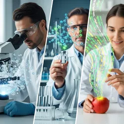 A three-panel collage showing different applications of analytical chemistry: a scientist using a microscope with molecular structures illustrated, another holding a vial with a molecular diagram floating above it, and a third interacting with a glowing apple with digital data streams emerging, symbolizing food chemistry and biotechnology.