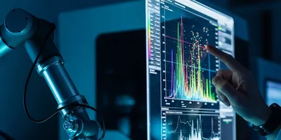 Robotic arm analyzing chemical samples with holographic data charts in a lab.