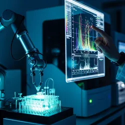 Robotic arm analyzing chemical samples with holographic data charts in a lab.
