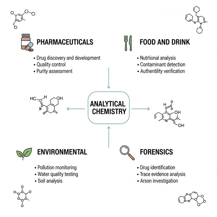 Scientific Infographic describing the multitude of uses for analytical chemistry Scientific Infographic describing the multitude of uses for analytical chemistry