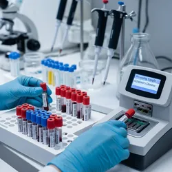 Blood samples being processed in a lab device for Alzheimer’s disease detection.