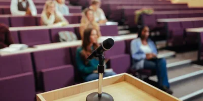 Microphone on podium in a leadership training setting