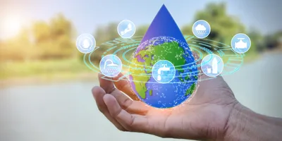 Earth in the shape of a drop of water from a hand in water saving concept on world water day, environmental protection in terms of water resources, sustainable water resource management icons