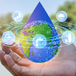 Earth in the shape of a drop of water from a hand in water saving concept on world water day, environmental protection in terms of water resources, sustainable water resource management icons
