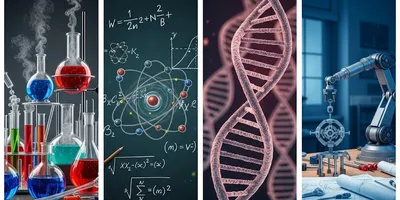 image with four vertical panels showing different aspects of cross-disciplinary materials research, specifically chemistry, biology, physics and engineering