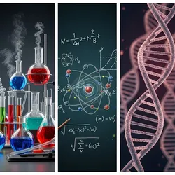 image with four vertical panels showing different aspects of cross-disciplinary materials research, specifically chemistry, biology, physics and engineering