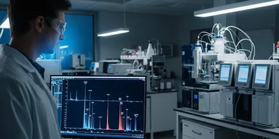 High-Performance Liquid Chromatography (HPLC) is an essential tool for separating and analyzing complex chemical mixtures. This scientist is using an advanced HPLC system to precisely separate, identify, and quantify components within a sample, as shown by the distinct, colorful peaks on the screen.