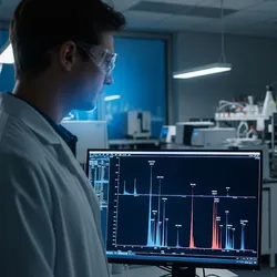 High-Performance Liquid Chromatography (HPLC) is an essential tool for separating and analyzing complex chemical mixtures. This scientist is using an advanced HPLC system to precisely separate, identify, and quantify components within a sample, as shown by the distinct, colorful peaks on the screen.
