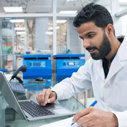 A laboratory scientist works at a computer in a sterile lab environment, representing the implementation of compliant lab software systems.