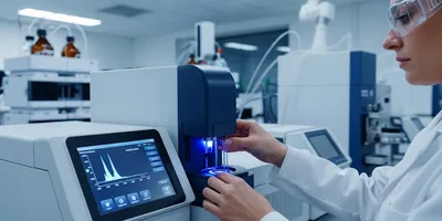 Scientist uses a spectrophotometer in a modern lab.
