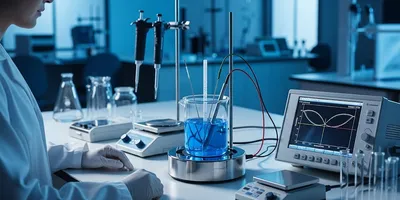 A researcher monitors a three-electrode system in a lab with a cyclic voltammetry graph displayed on a screen.