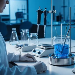 A researcher monitors a three-electrode system in a lab with a cyclic voltammetry graph displayed on a screen.