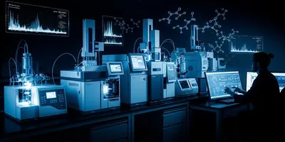 A glowing, high-tech analytical chemistry lab at night with a silhouette of a professional working.