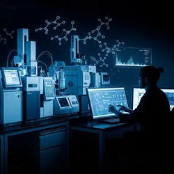 A glowing, high-tech analytical chemistry lab at night with a silhouette of a professional working.