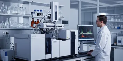 A laboratory professional works with a modern LC-MS system, analyzing complex data on a screen in a high-tech analytical chemistry lab.
