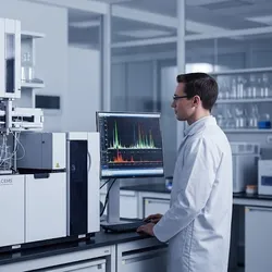 A laboratory professional works with a modern LC-MS system, analyzing complex data on a screen in a high-tech analytical chemistry lab.