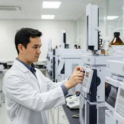 A chemist tests the robustness of an HPLC machine in a lab.