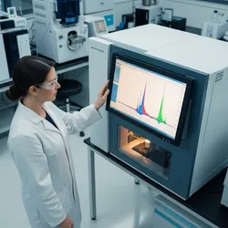 Analytical chemist inspecting a successful HPLC system suitability test on a screen with a perfect chromatogram.