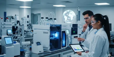 Scientists collaborate in modern lab with HPLC machine and global map.