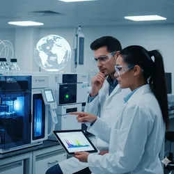 Scientists collaborate in modern lab with HPLC machine and global map.