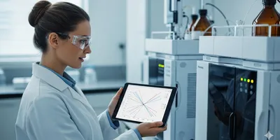 Scientist analyzing a Design of Experiments (DoE) graph on a tablet in a modern lab with an HPLC machine.