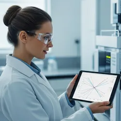 Scientist analyzing a Design of Experiments (DoE) graph on a tablet in a modern lab with an HPLC machine.