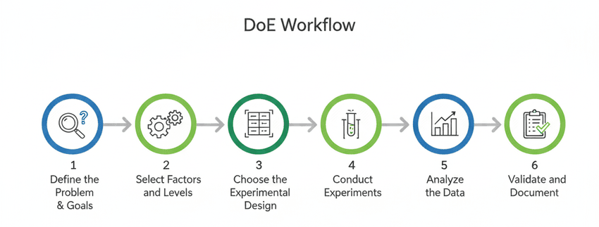 DoE Workflow in six steps.