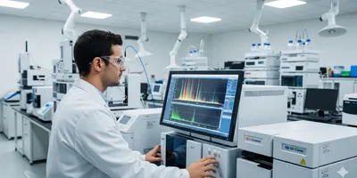 Male scientist validating an analytical method in a pharmaceutical lab with a chromatography system.