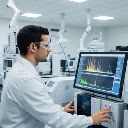 Male scientist validating an analytical method in a pharmaceutical lab with a chromatography system.