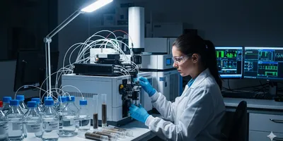 Female scientist analyzing soil in a modern environmental lab.