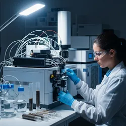 Female scientist analyzing soil in a modern environmental lab.