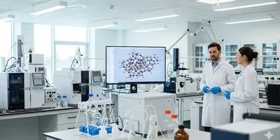 A team of diverse analytical chemists working in a modern lab, viewing a molecular structure on a large monitor.