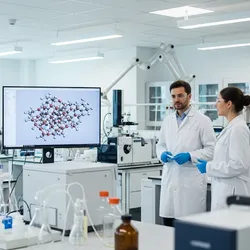 A team of diverse analytical chemists working in a modern lab, viewing a molecular structure on a large monitor.