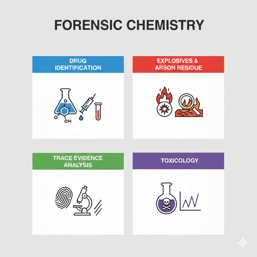 Analytical chemistry in forensics infographic.