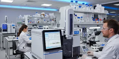 A chemist works with a Liquid Chromatography-Mass Spectrometry (LC-MS) machine in a food safety lab.
