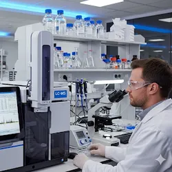 A chemist works with a Liquid Chromatography-Mass Spectrometry (LC-MS) machine in a food safety lab.