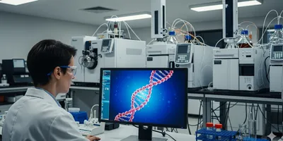 A forensic chemist analyzing a digital molecular structure in a futuristic lab.