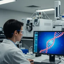 A forensic chemist analyzing a digital molecular structure in a futuristic lab.