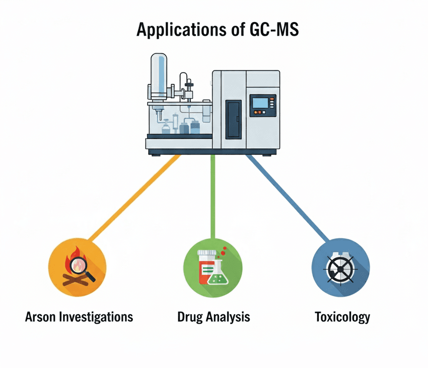 Infographic of GC-MS applications in forensic chemistry. Infographic of GC-MS applications in forensic chemistry.