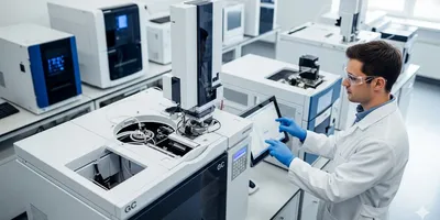 A high-tech gas chromatography machine in a pristine petrochemical analysis lab.