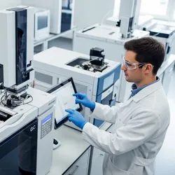 A high-tech gas chromatography machine in a pristine petrochemical analysis lab.