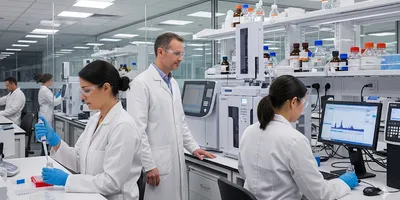 Analytical chemistry lab with diverse scientists and modern equipment.