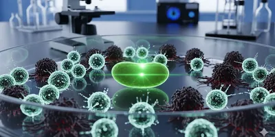 Close-up macro photo of a glowing kidney bean in a petri dish, symbolizing a kidney, with engineered AlloCAR70-NKT immune cells attacking cancer cells.