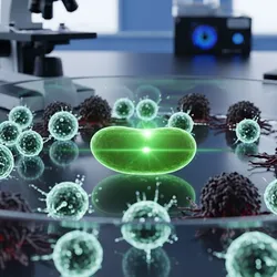 Close-up macro photo of a glowing kidney bean in a petri dish, symbolizing a kidney, with engineered AlloCAR70-NKT immune cells attacking cancer cells.