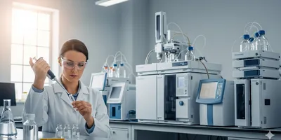 A female analytical chemist with a pipette and a sample vial, focused on her work in a modern lab with advanced instruments like a GC-MS and HPLC in the background.