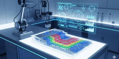 Futuristic lab-on-a-chip device with colorful fluids and a robotic arm, representing modern analytical chemistry and technological innovation.