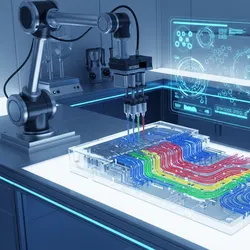 Futuristic lab-on-a-chip device with colorful fluids and a robotic arm, representing modern analytical chemistry and technological innovation.