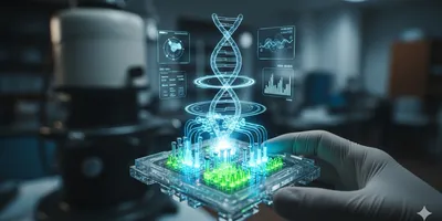 Futuristic lab-on-a-chip device with glowing microfluidic channels.