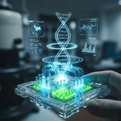 Futuristic lab-on-a-chip device with glowing microfluidic channels.