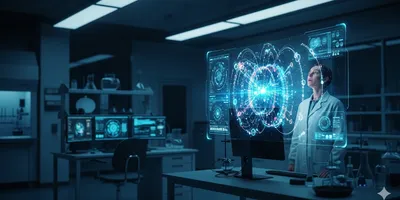 A futuristic lab professional interacts with a holographic AI data visualization at night.